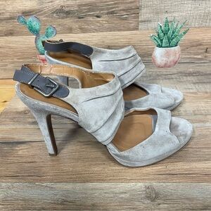 J. crew women’s suede leather peep toe heels stiletto beige neutral size 6.5 4”